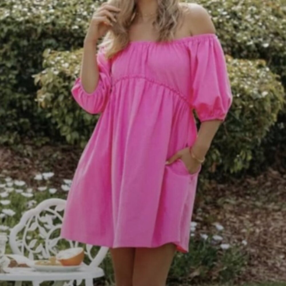 Vici Medium Pink Puff Sleeve Off Shoulder Dress